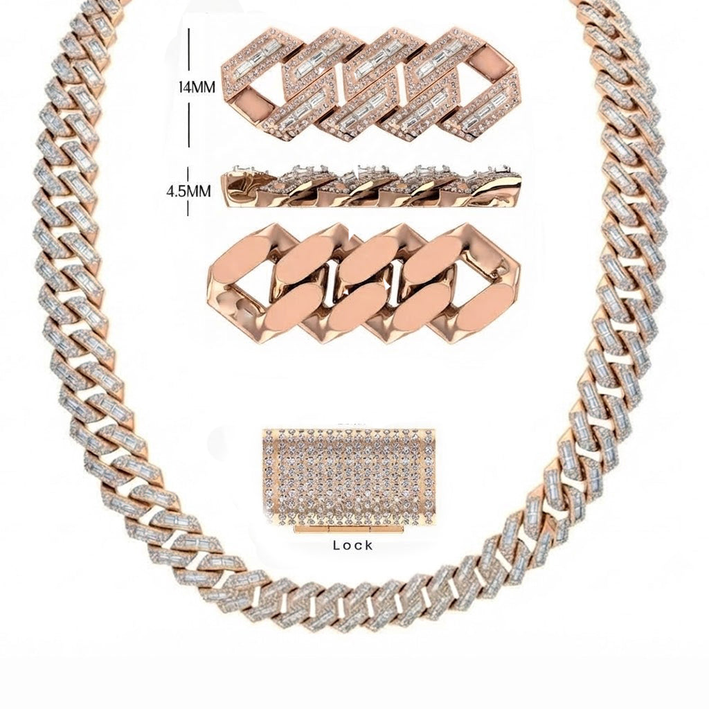 14mm Moissanite Diamond Baguette Round Iced Cuban Link Chain