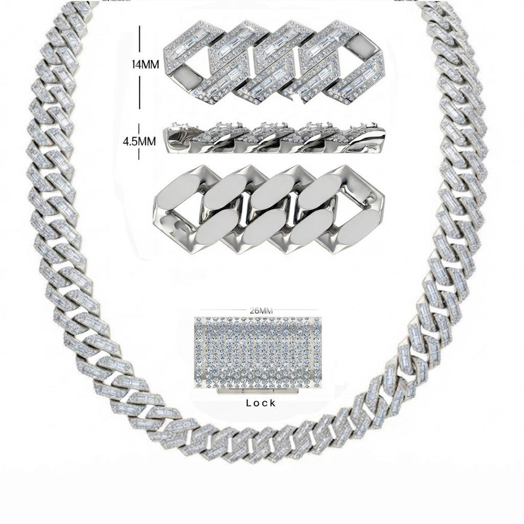14mm Moissanite Diamond Baguette Round Iced Cuban Link Chain