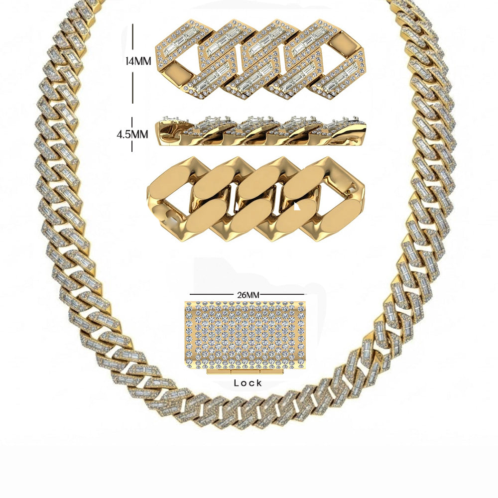 14mm Moissanite Diamond Baguette Round Iced Cuban Link Chain