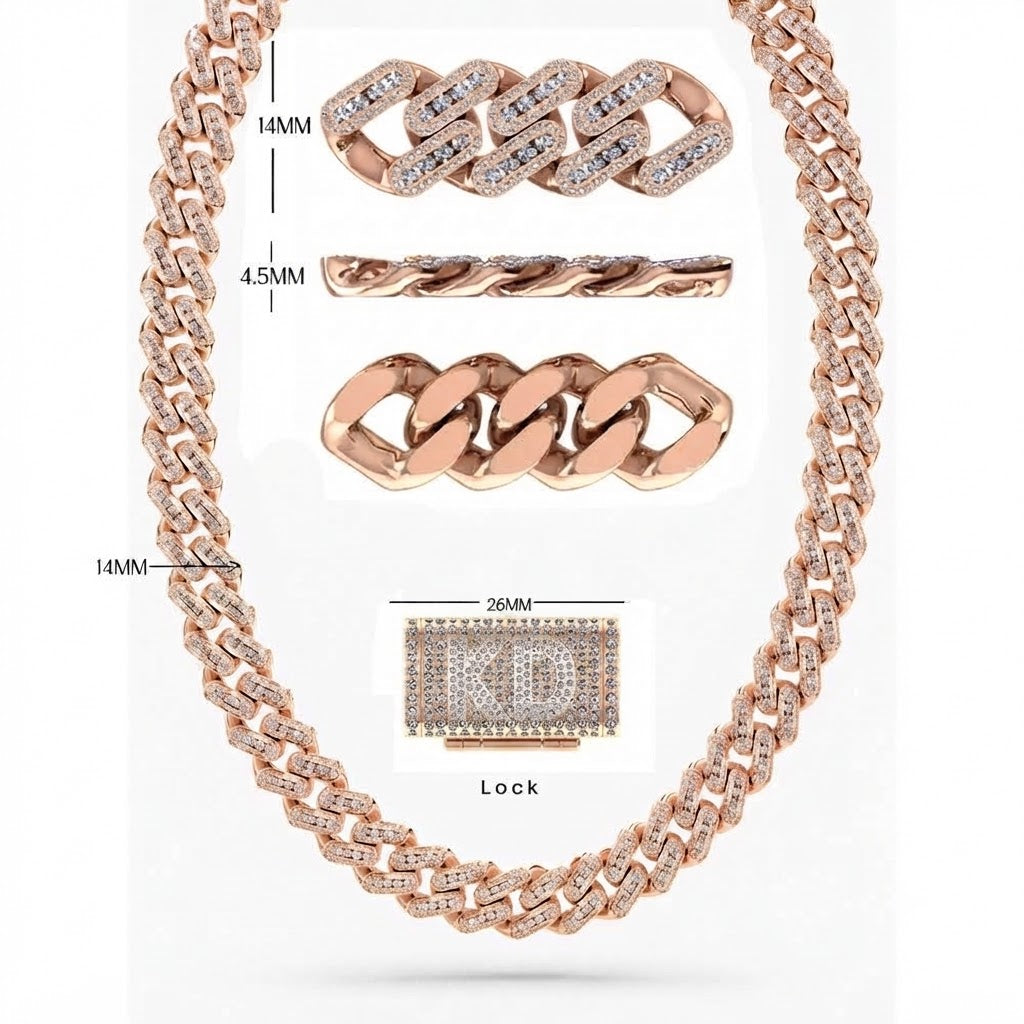 14mm Moissanite Round Diamond U Shape Cuban Link Chain With KD Letter Lock