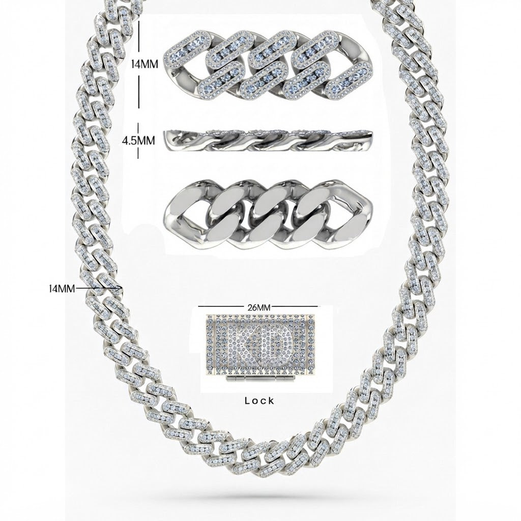14mm Moissanite Round Diamond U Shape Cuban Link Chain With KD Letter Lock