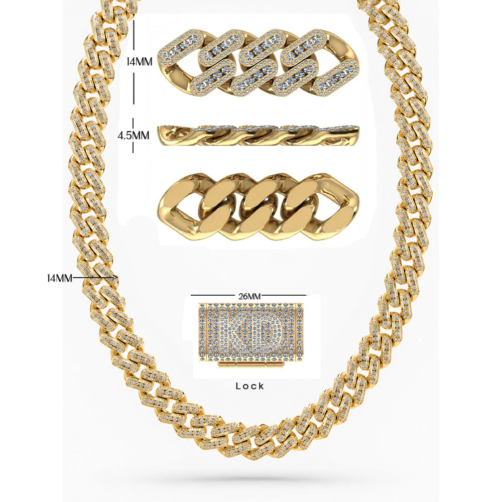 14mm Moissanite Round Diamond U Shape Cuban Link Chain With KD Letter Lock