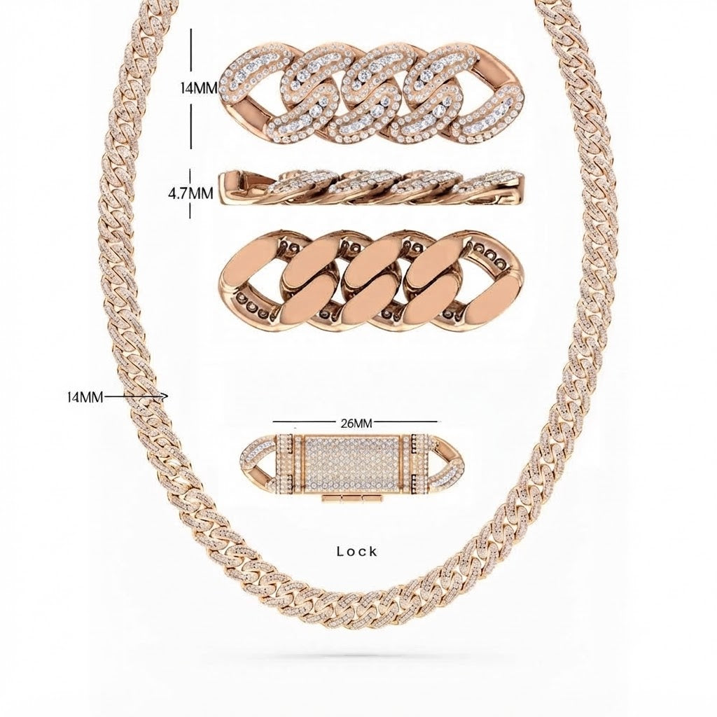 14mm Moissanite Diamond Fully Iced Three Row Cuban Link Chain