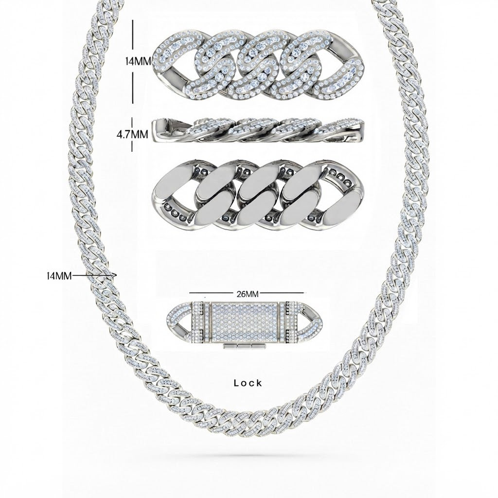 14mm Moissanite Diamond Fully Iced Three Row Cuban Link Chain