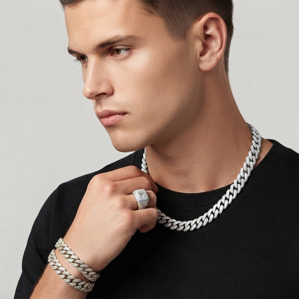 14mm Moissanite Diamond Fully Iced Three Row Cuban Link Chain