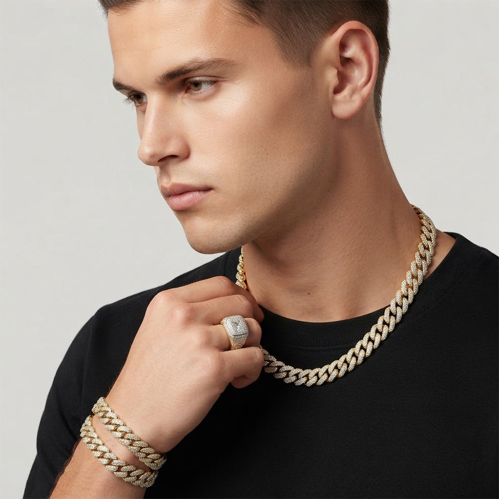 14mm Moissanite Diamond Fully Iced Three Row Cuban Link Chain
