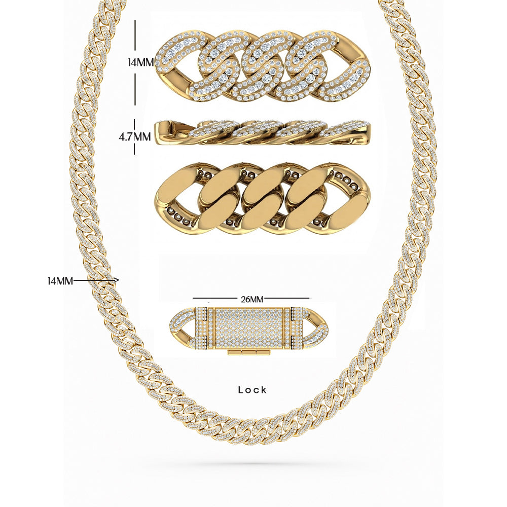 14mm Moissanite Diamond Fully Iced Three Row Cuban Link Chain