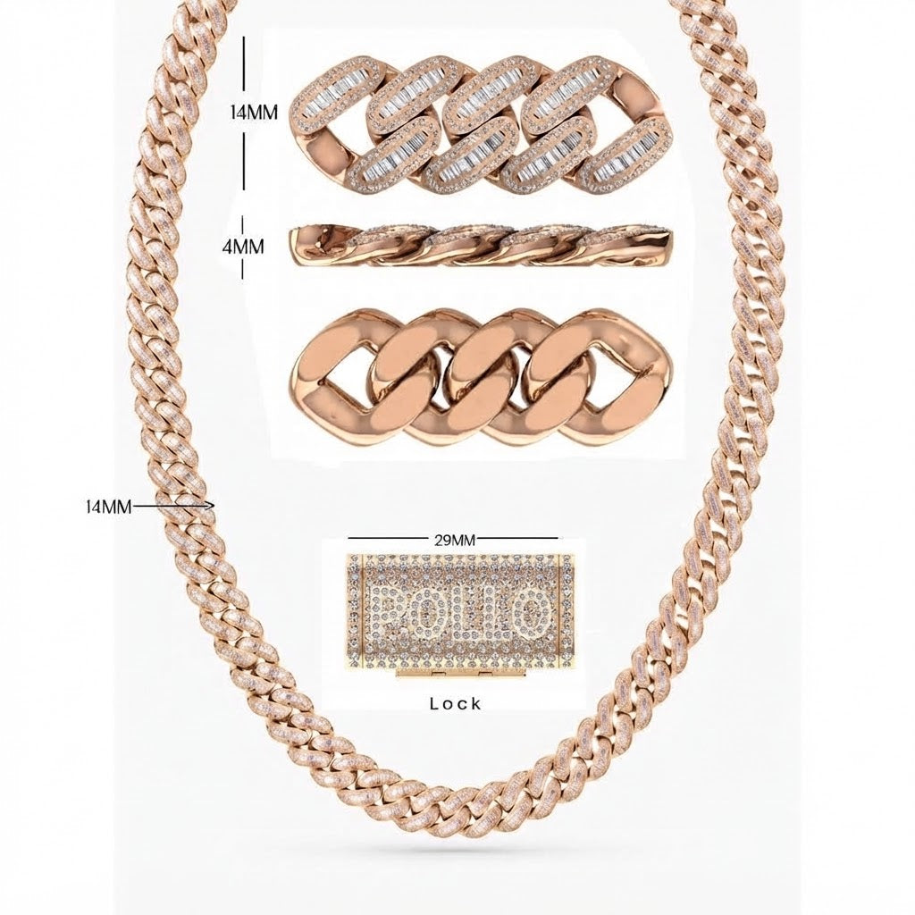 14mm Moissanite Diamond Baguette Iced Cuban Link Chain with POLLO Letter Lock