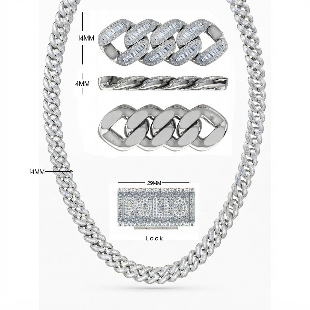 14mm Moissanite Diamond Baguette Iced Cuban Link Chain with POLLO Letter Lock