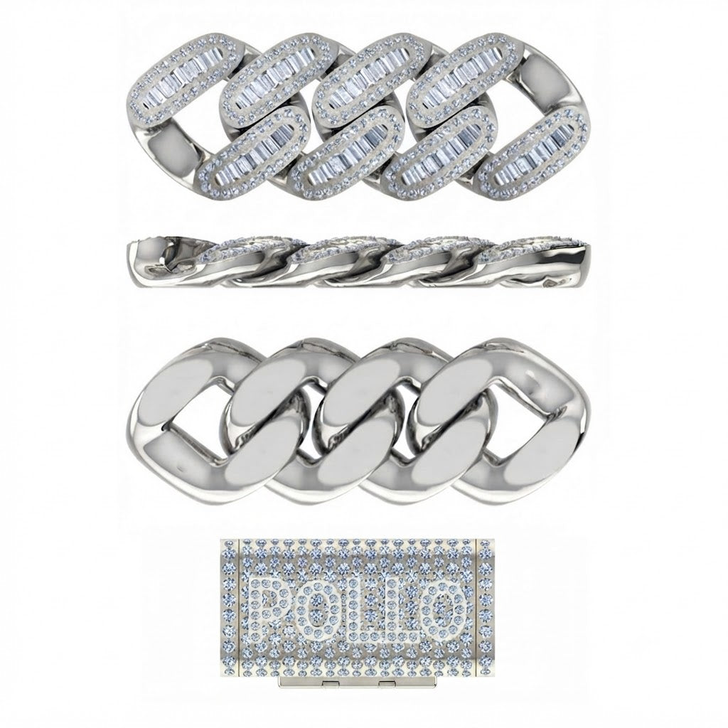 14mm Moissanite Diamond Baguette Iced Cuban Link Chain with POLLO Letter Lock