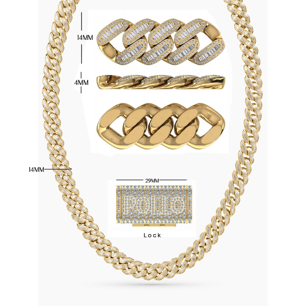 14mm Moissanite Diamond Baguette Iced Cuban Link Chain with POLLO Letter Lock