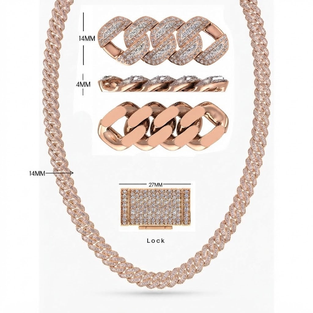 14mm Moissanite Diamond Fully Iced Three Row Cuban Link Chain
