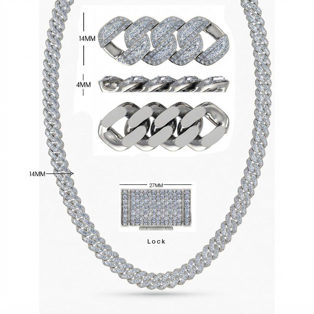 14mm Moissanite Diamond Fully Iced Three Row Cuban Link Chain