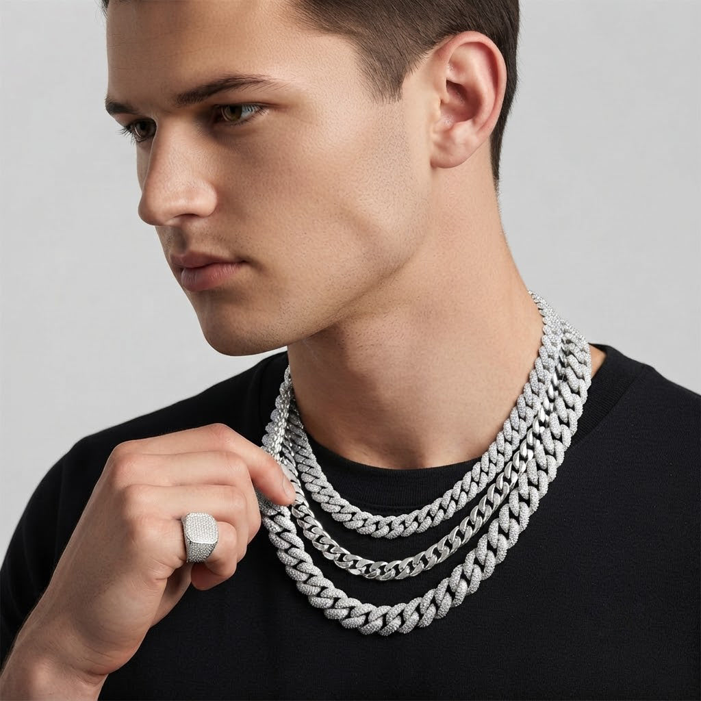 14mm Moissanite Diamond Fully Iced Three Row Cuban Link Chain