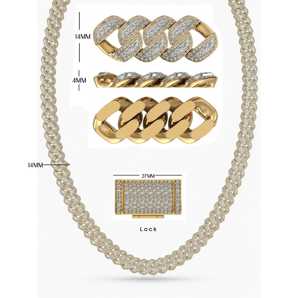 14mm Moissanite Diamond Fully Iced Three Row Cuban Link Chain
