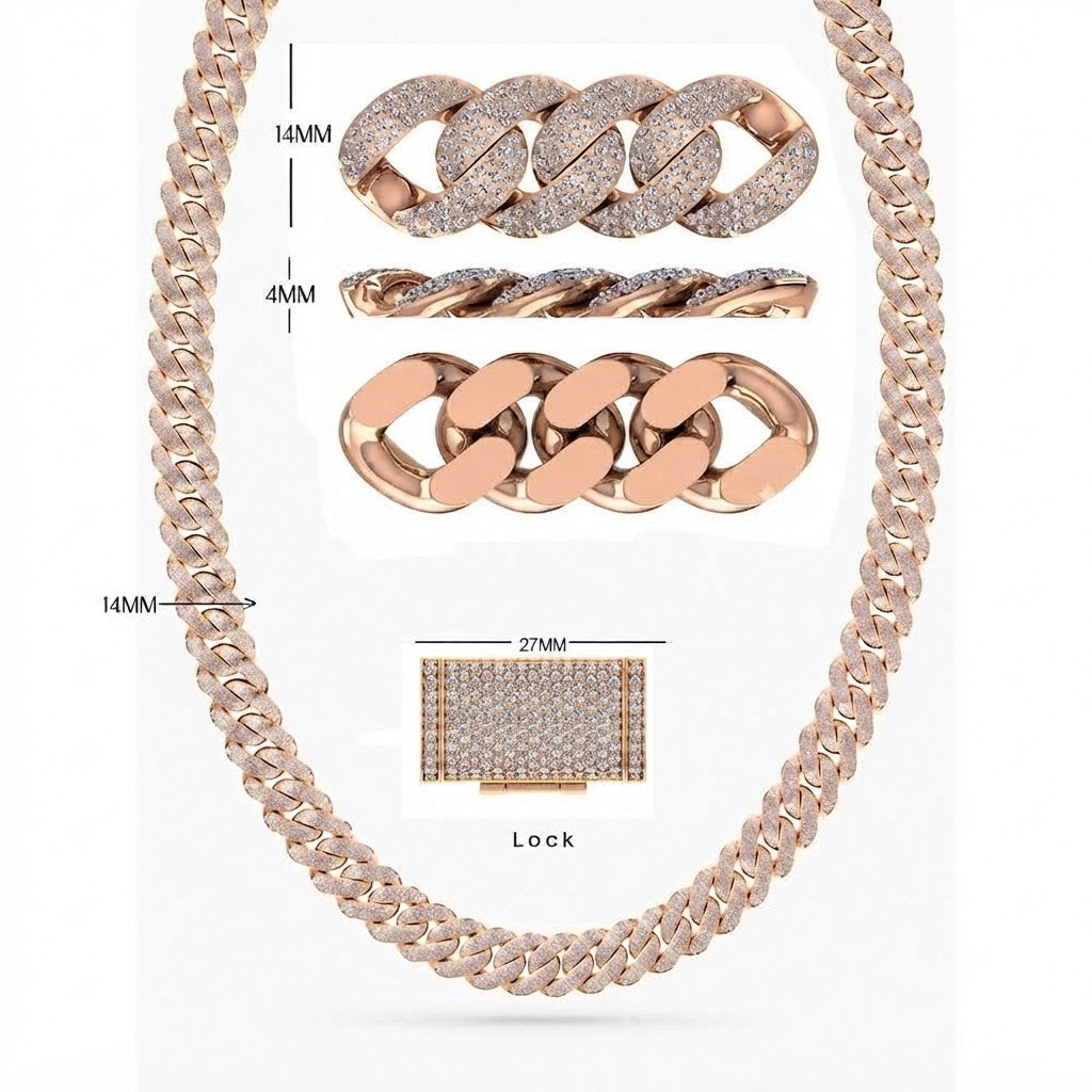 14mm Moissanite Round Diamond Fully Iced Three Row Cuban Link Chain