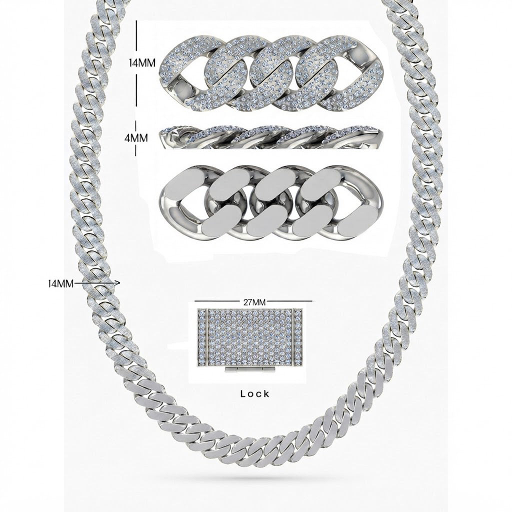 14mm Moissanite Round Diamond Fully Iced Three Row Cuban Link Chain