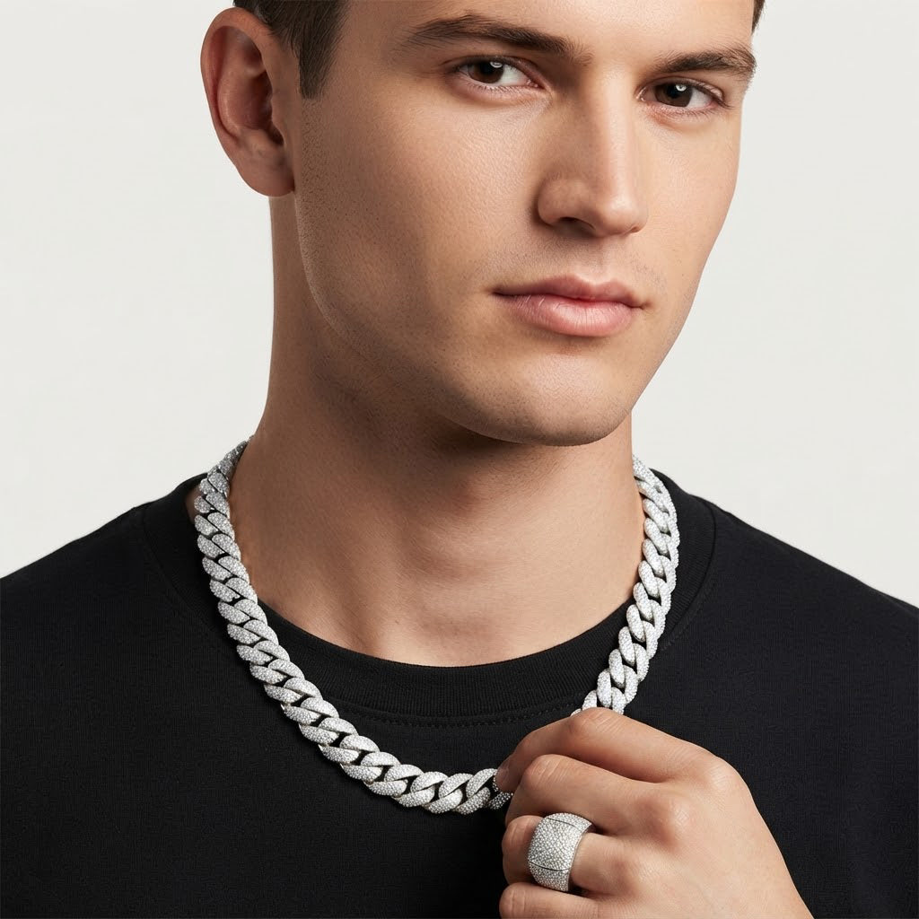 14mm Moissanite Round Diamond Fully Iced Three Row Cuban Link Chain
