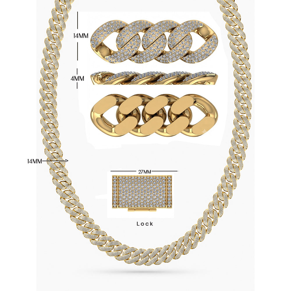 14mm Moissanite Round Diamond Fully Iced Three Row Cuban Link Chain