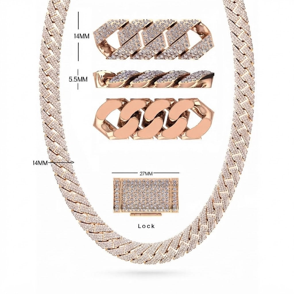 14mm Moissanite Diamond Fully Iced Miami Three Row Cuban Link Chain