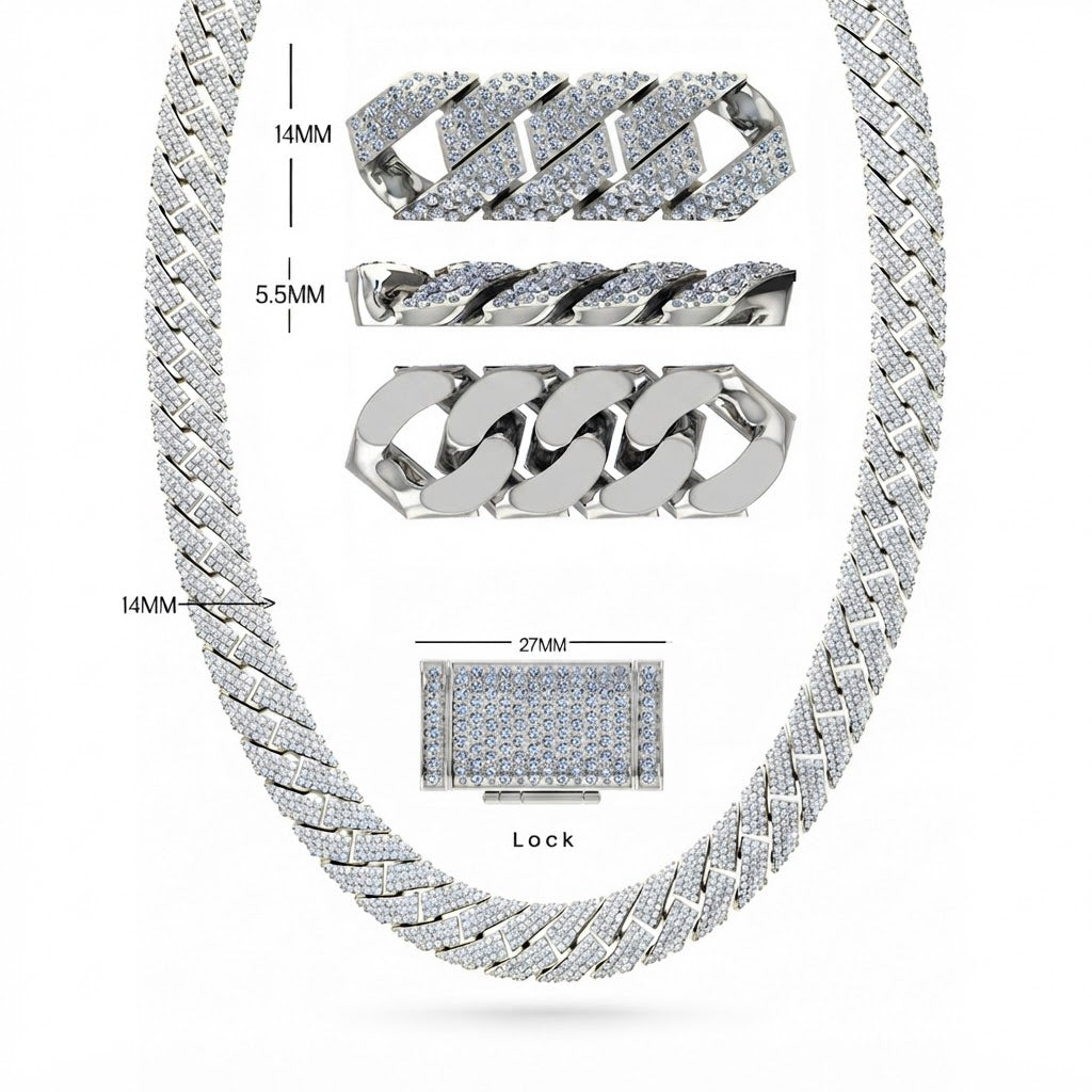 14mm Moissanite Diamond Fully Iced Miami Three Row Cuban Link Chain