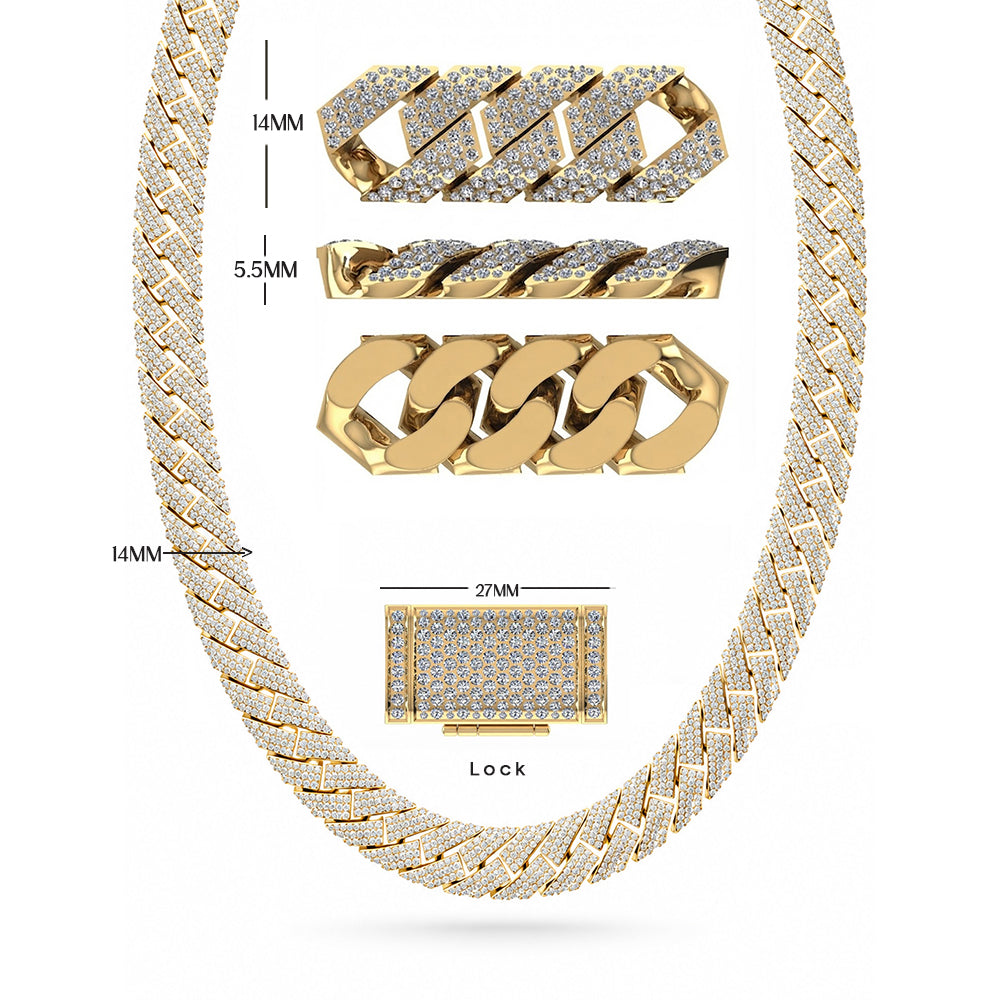 14mm Moissanite Diamond Fully Iced Miami Three Row Cuban Link Chain