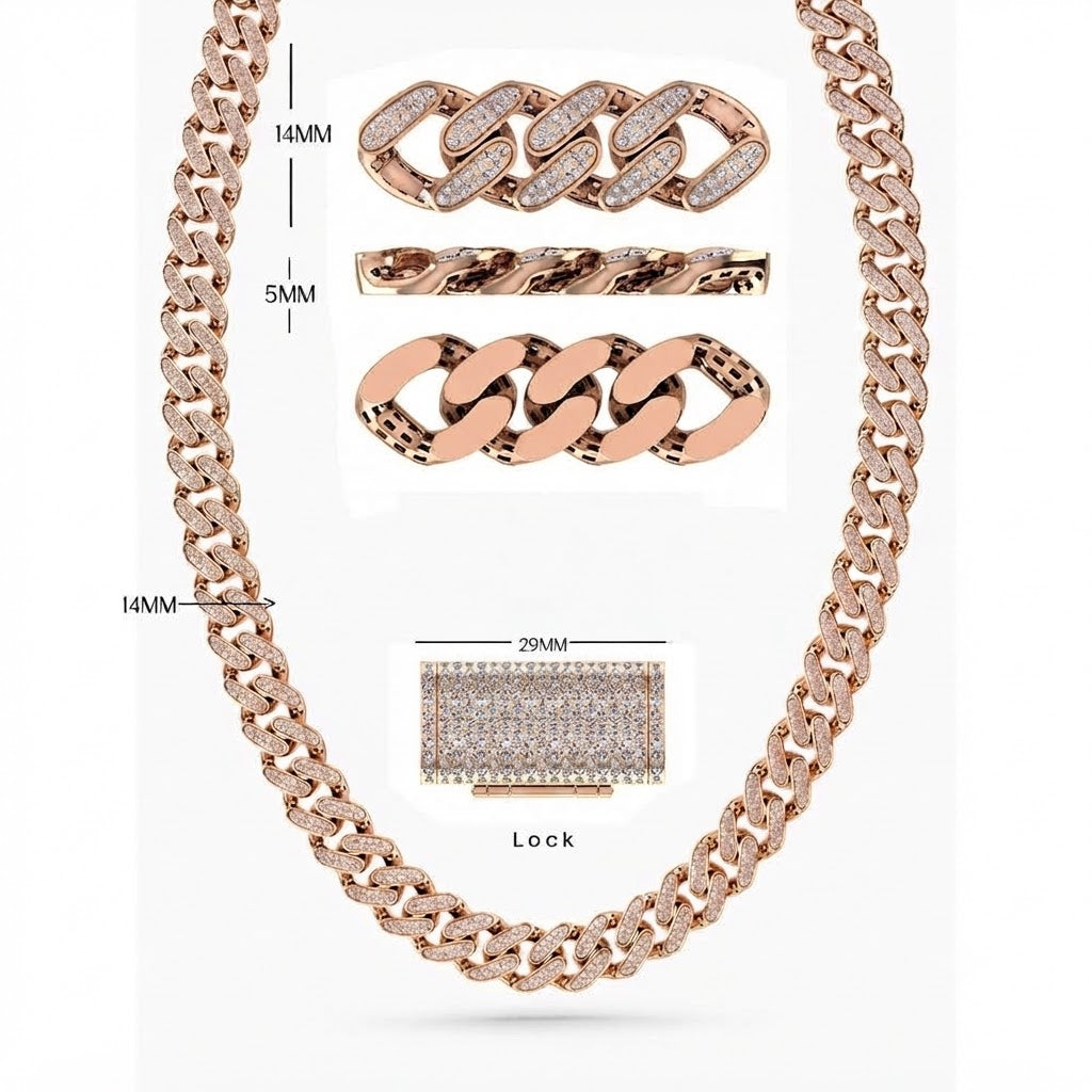 14mm Moissanite Round Diamond Pavé Oval Shape Cuban Link Chain