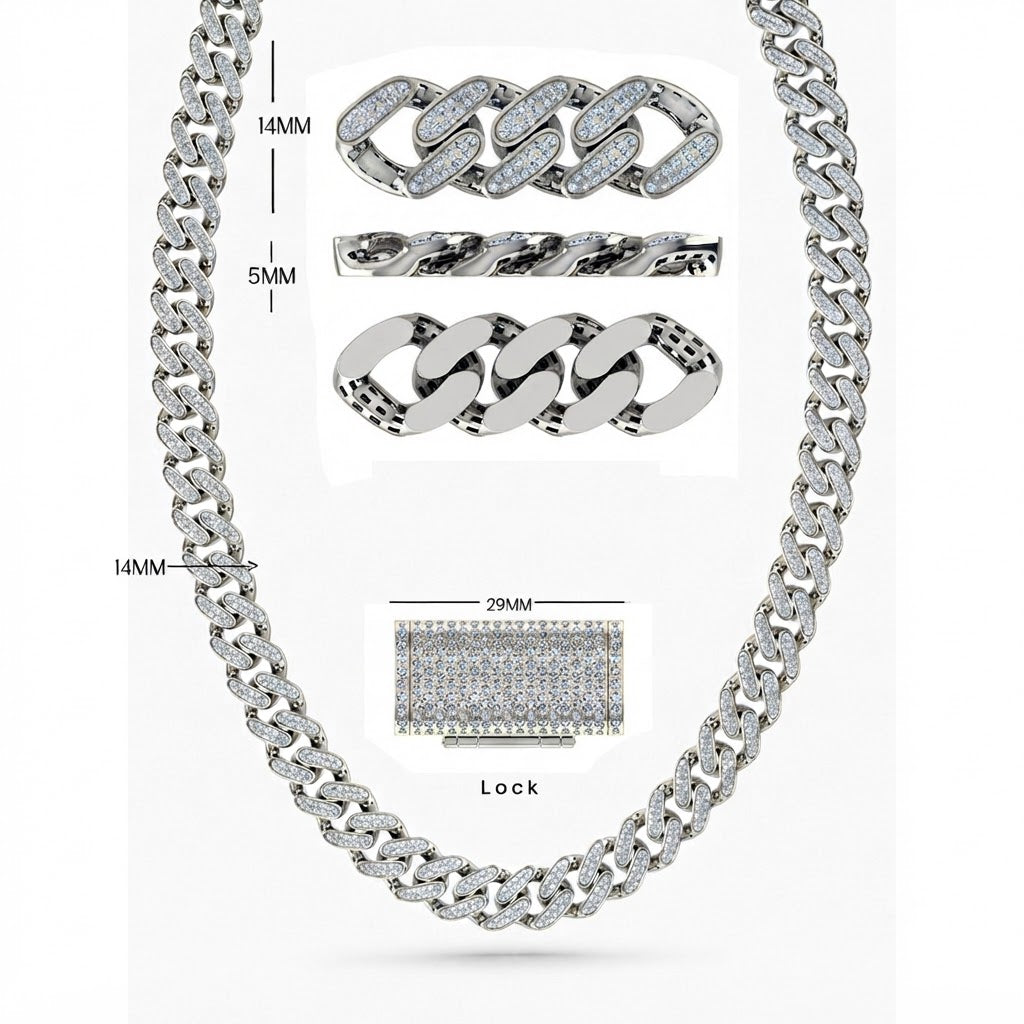 14mm Moissanite Round Diamond Pavé Oval Shape Cuban Link Chain