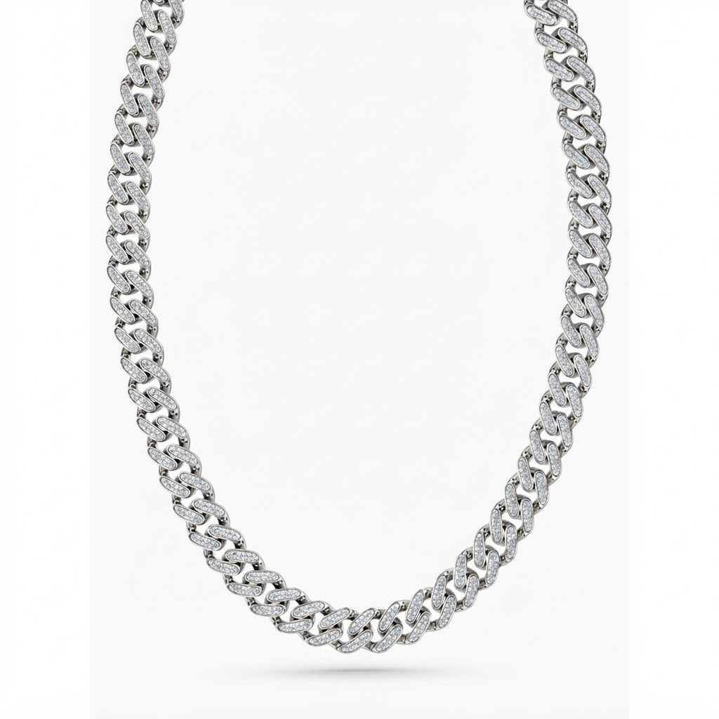 14mm Moissanite Round Diamond Pavé Oval Shape Cuban Link Chain