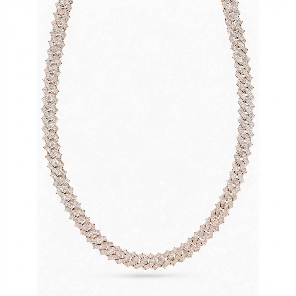 14mm Moissanite Diamond Iced Square Pattern Three Row Cuban Link Chain