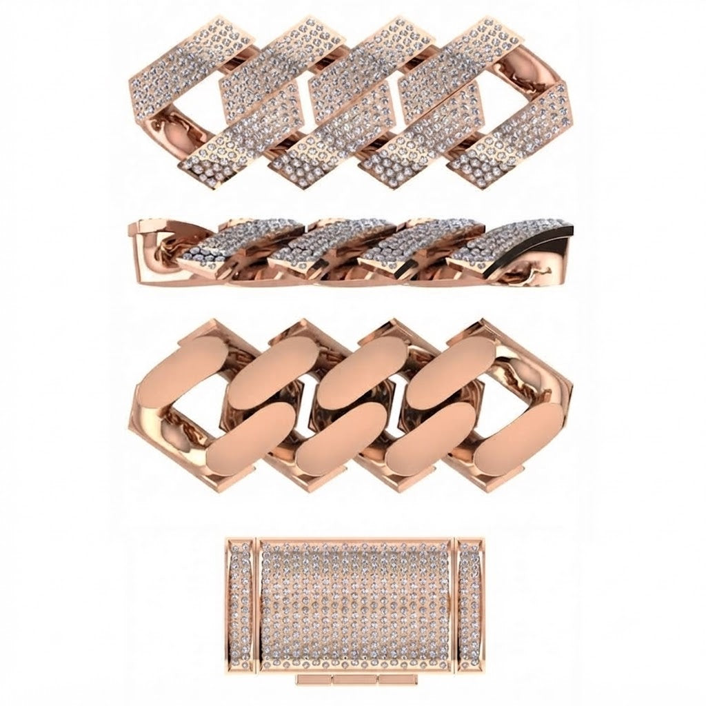 14mm Moissanite Diamond Iced Square Pattern Three Row Cuban Link Chain