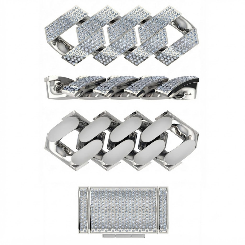 14mm Moissanite Diamond Iced Square Pattern Three Row Cuban Link Chain