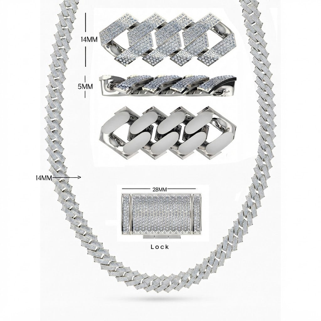 14mm Moissanite Diamond Iced Square Pattern Three Row Cuban Link Chain