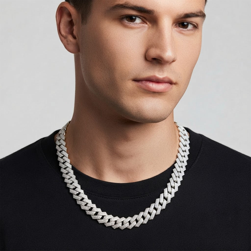 14mm Moissanite Diamond Iced Square Pattern Three Row Cuban Link Chain