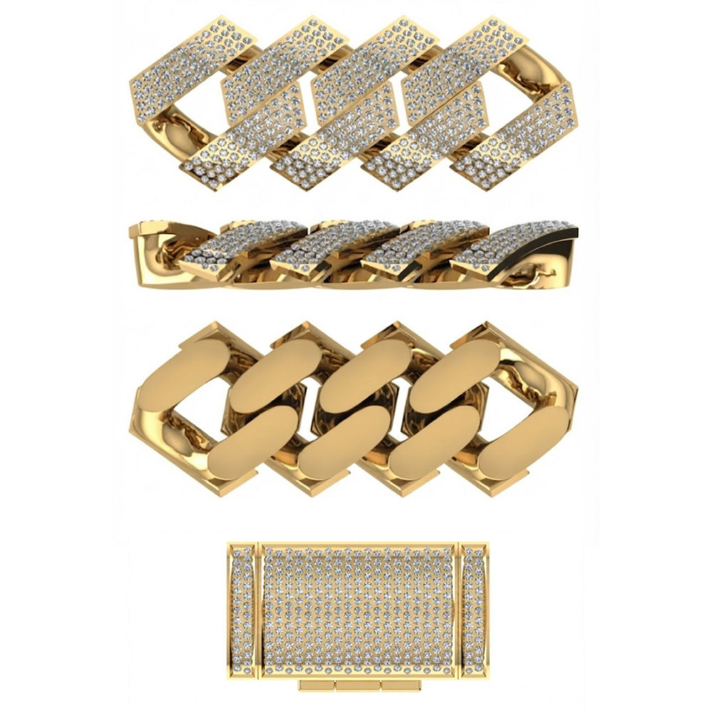 14mm Moissanite Diamond Iced Square Pattern Three Row Cuban Link Chain