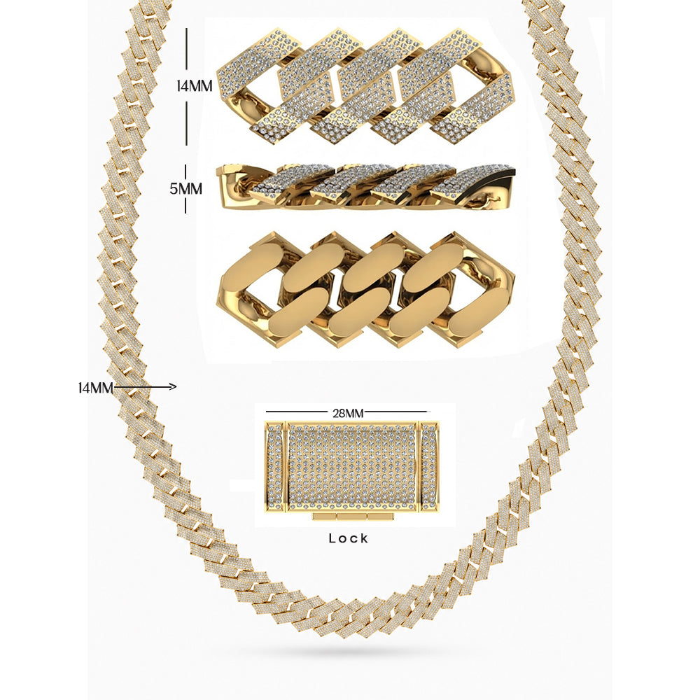 14mm Moissanite Diamond Iced Square Pattern Three Row Cuban Link Chain