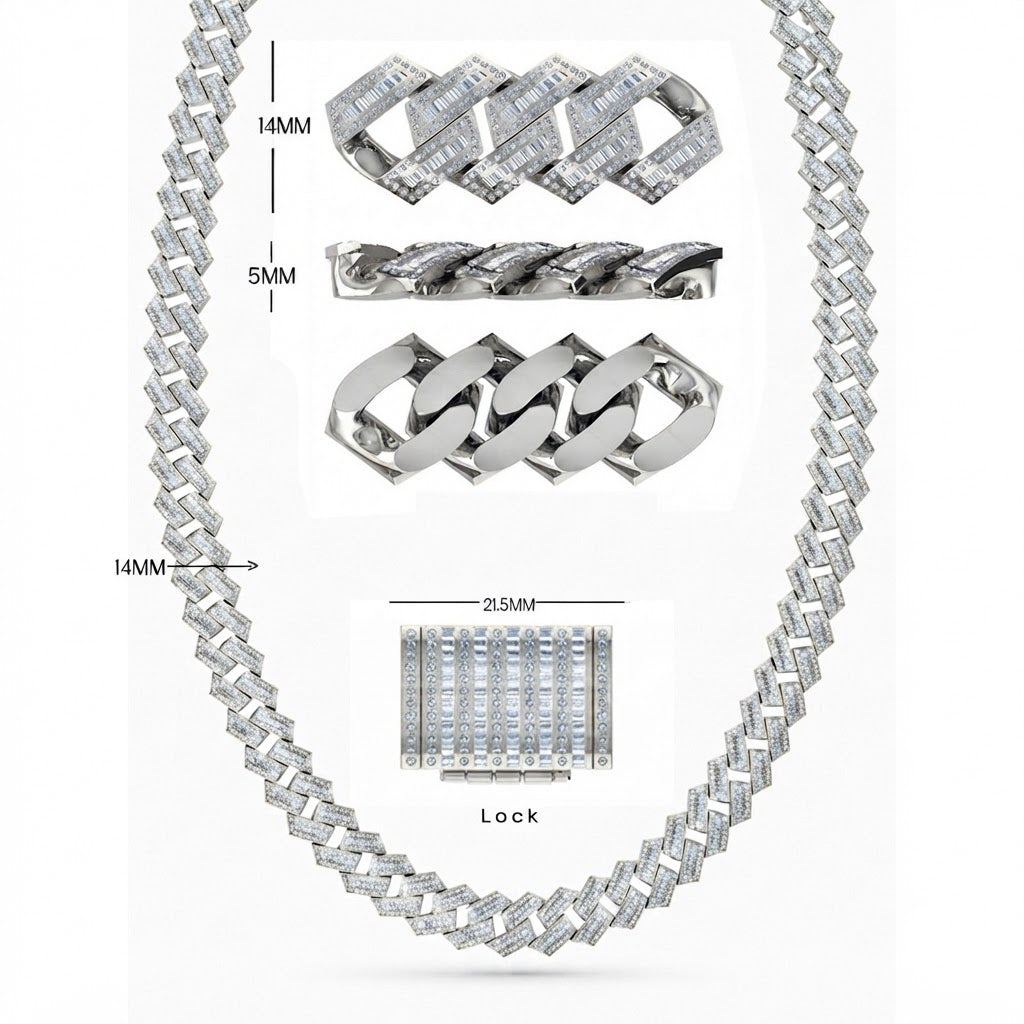 14mm Moissanite Round Baguette Diamond Iced Cuban Link Chain- 5MM Wide
