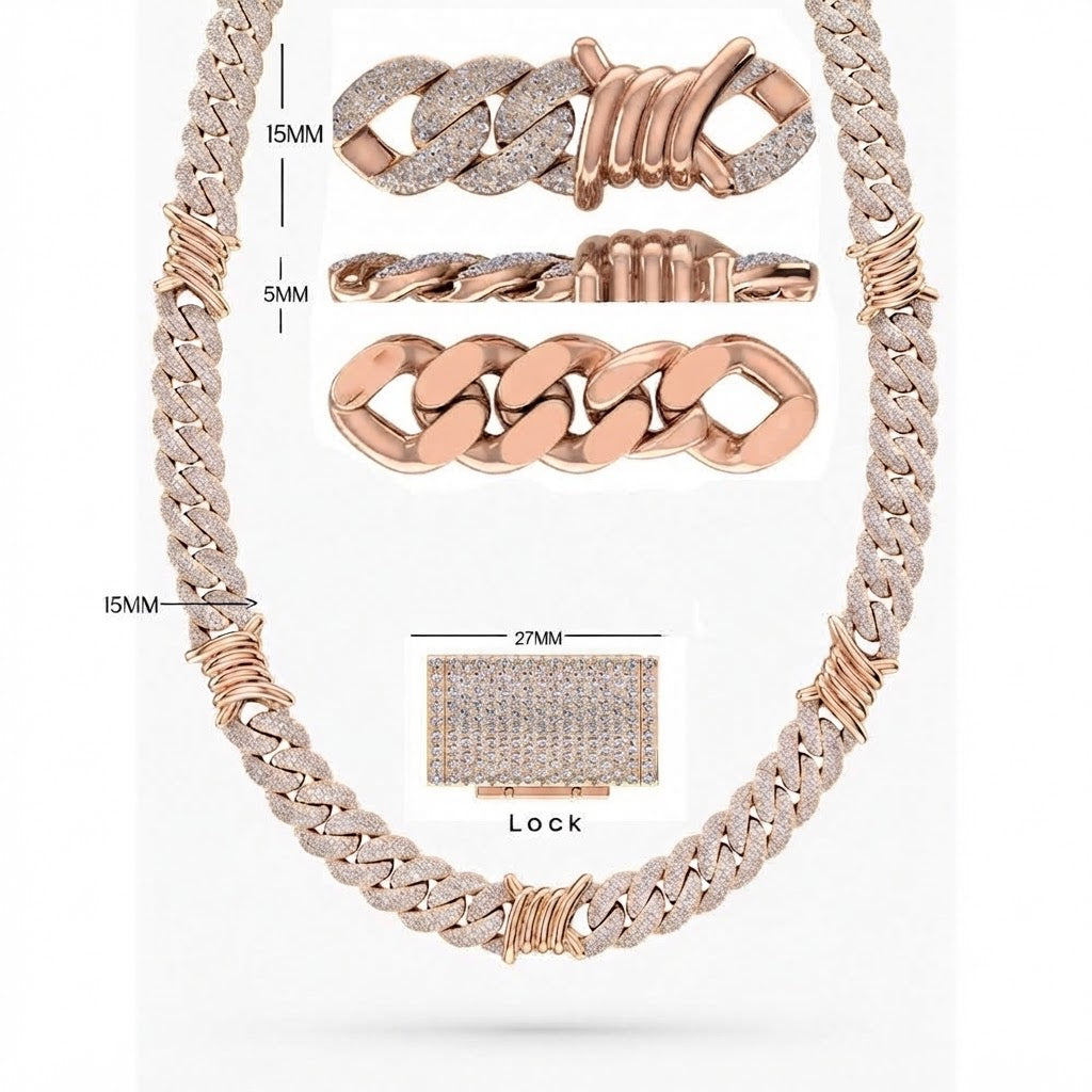 15mm Moissanite Diamond Iced Cuban Link Chain with Wire Wrap Accents - 5MM Wide