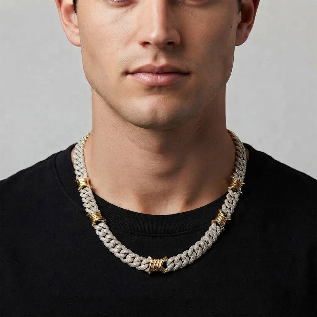 15mm Moissanite Diamond Iced Cuban Link Chain with Wire Wrap Accents - 5MM Wide