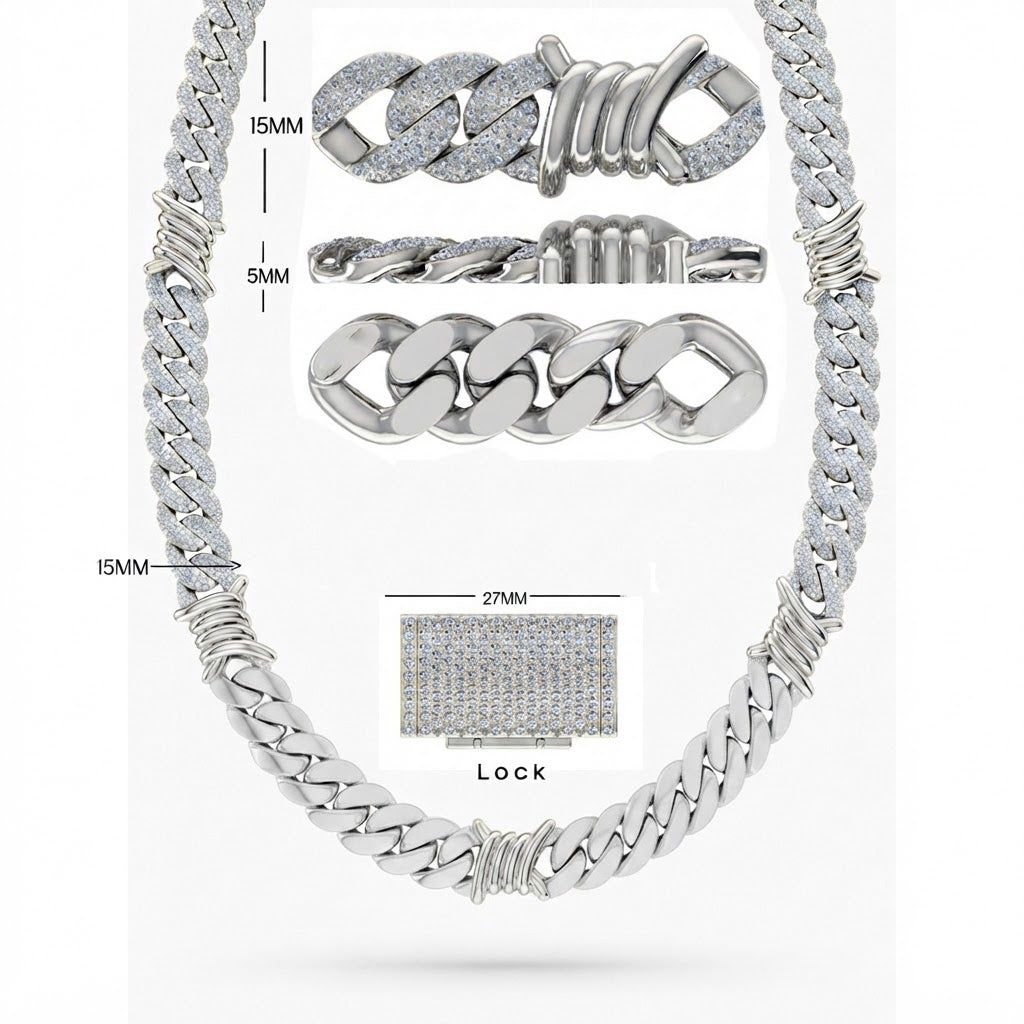15mm Moissanite Diamond Iced Cuban Link Chain with Wire Wrap Accents - 5MM Wide