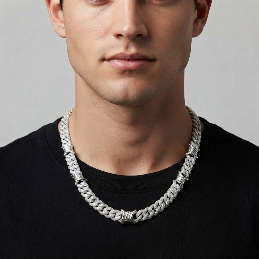 15mm Moissanite Diamond Iced Cuban Link Chain with Wire Wrap Accents - 5MM Wide