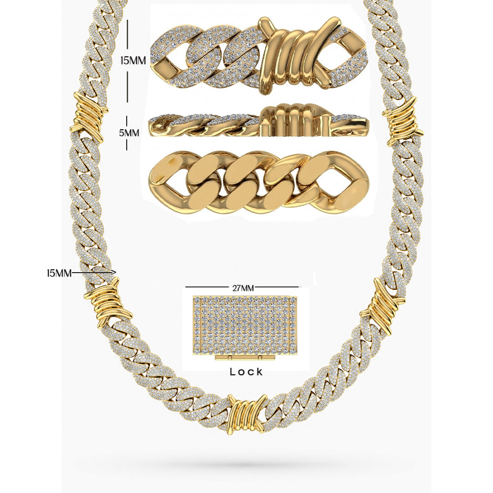 15mm Moissanite Diamond Iced Cuban Link Chain with Wire Wrap Accents - 5MM Wide