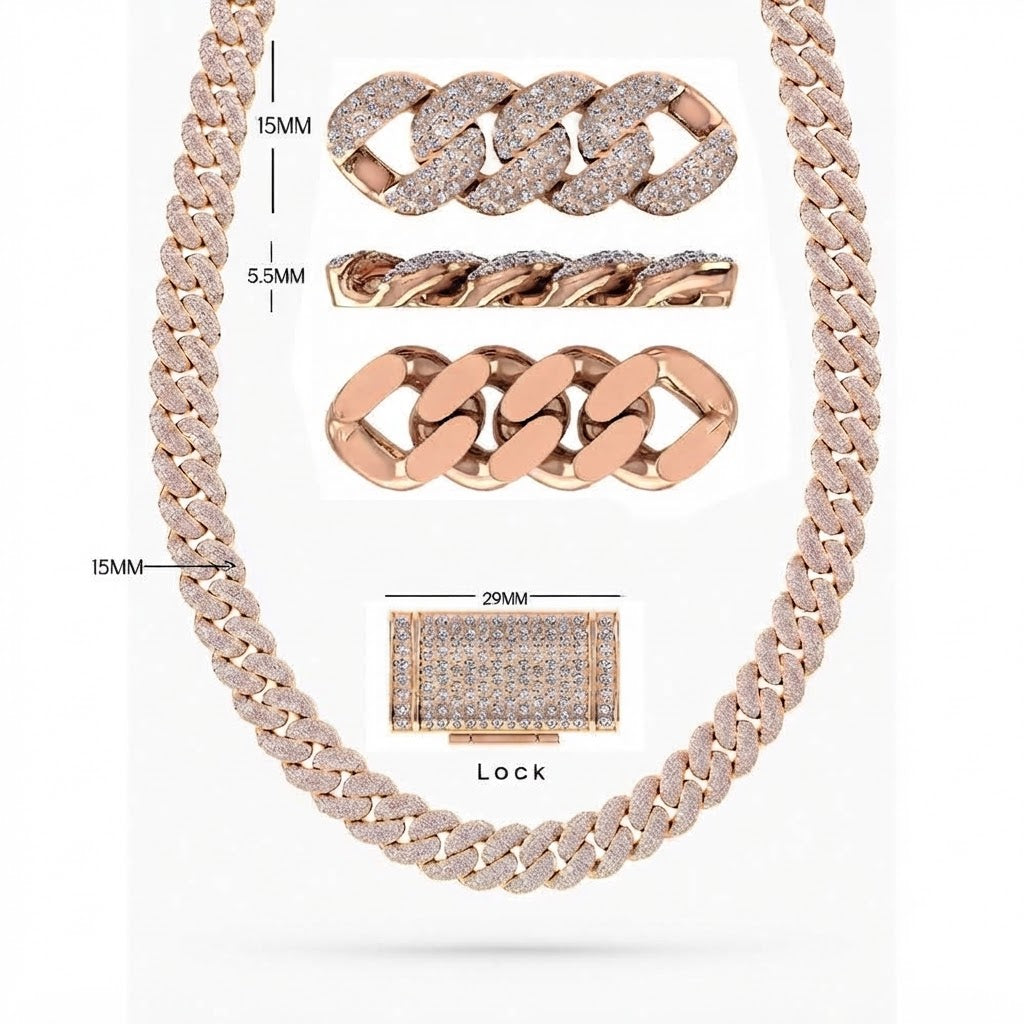 15mm Moissanite Diamond Fully Iced Three Row Cuban Link Chain - 5.5MM Wide