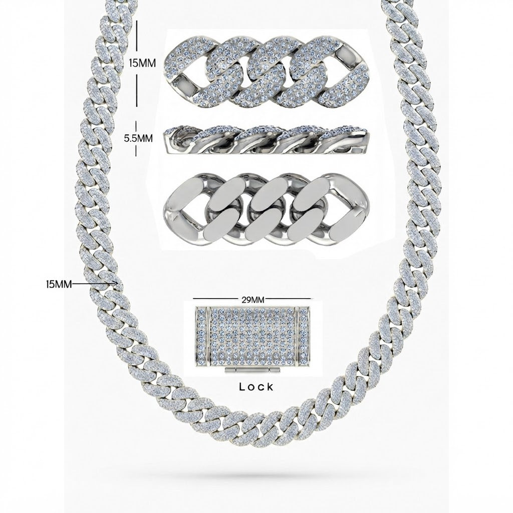 15mm Moissanite Diamond Fully Iced Three Row Cuban Link Chain - 5.5MM Wide