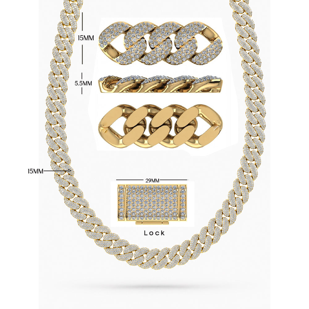 15mm Moissanite Diamond Fully Iced Three Row Cuban Link Chain - 5.5MM Wide