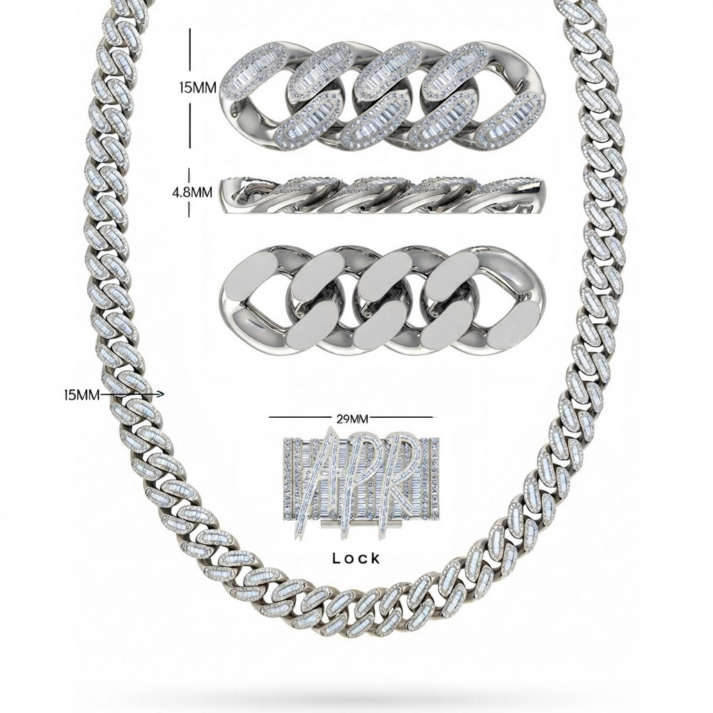 15mm Moissanite Baguette Diamond Iced Oval Shape Cuban Link Chain - 4.8MM Wide
