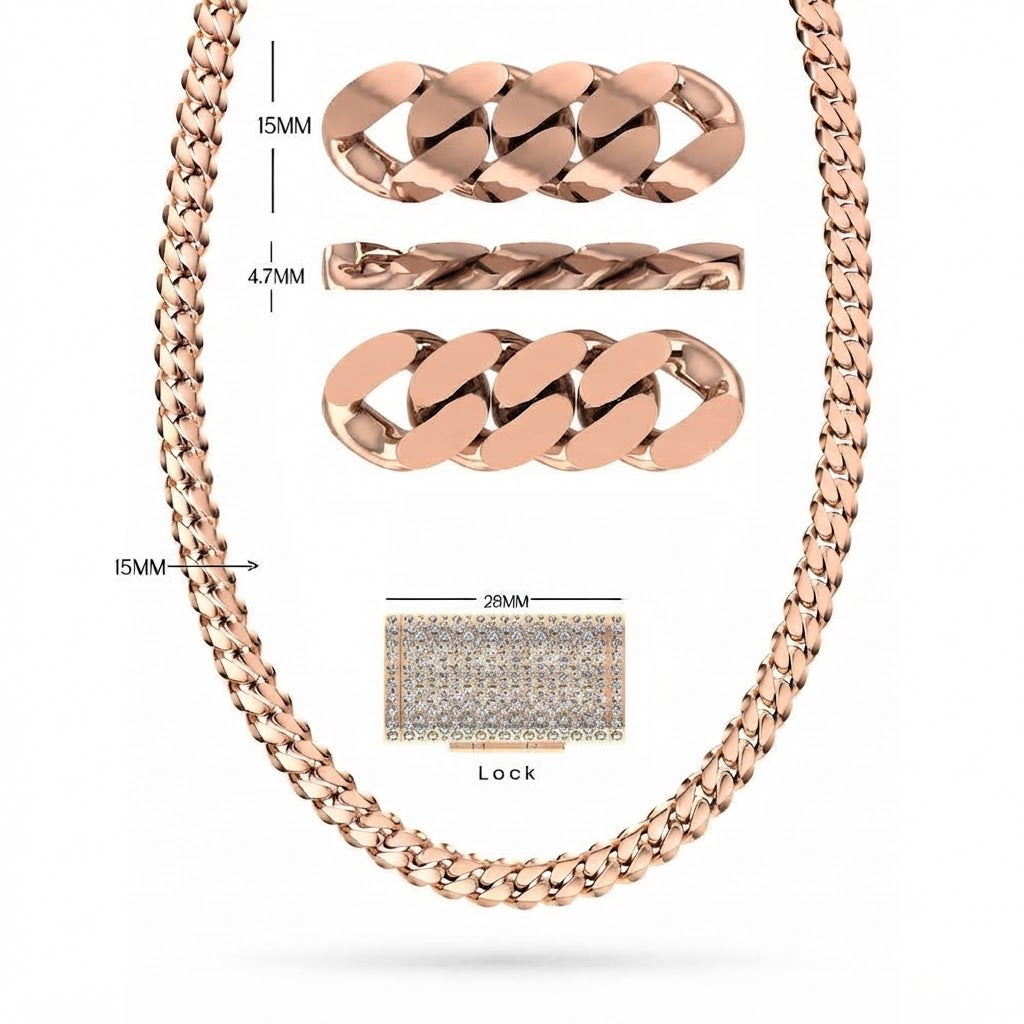 15mm Moissanite Diamond Plain Cuban Link Chain with Diamond Lock