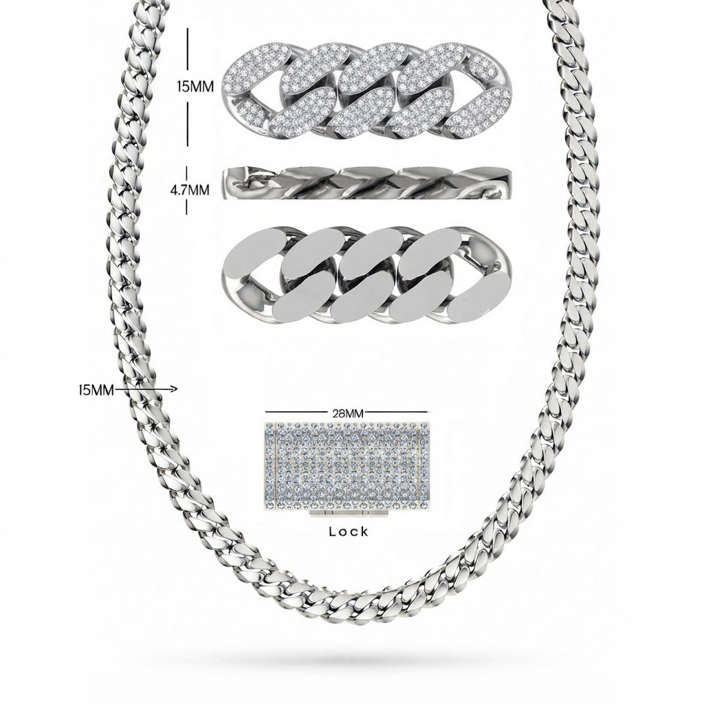 15mm Moissanite Diamond Plain Cuban Link Chain with Diamond Lock