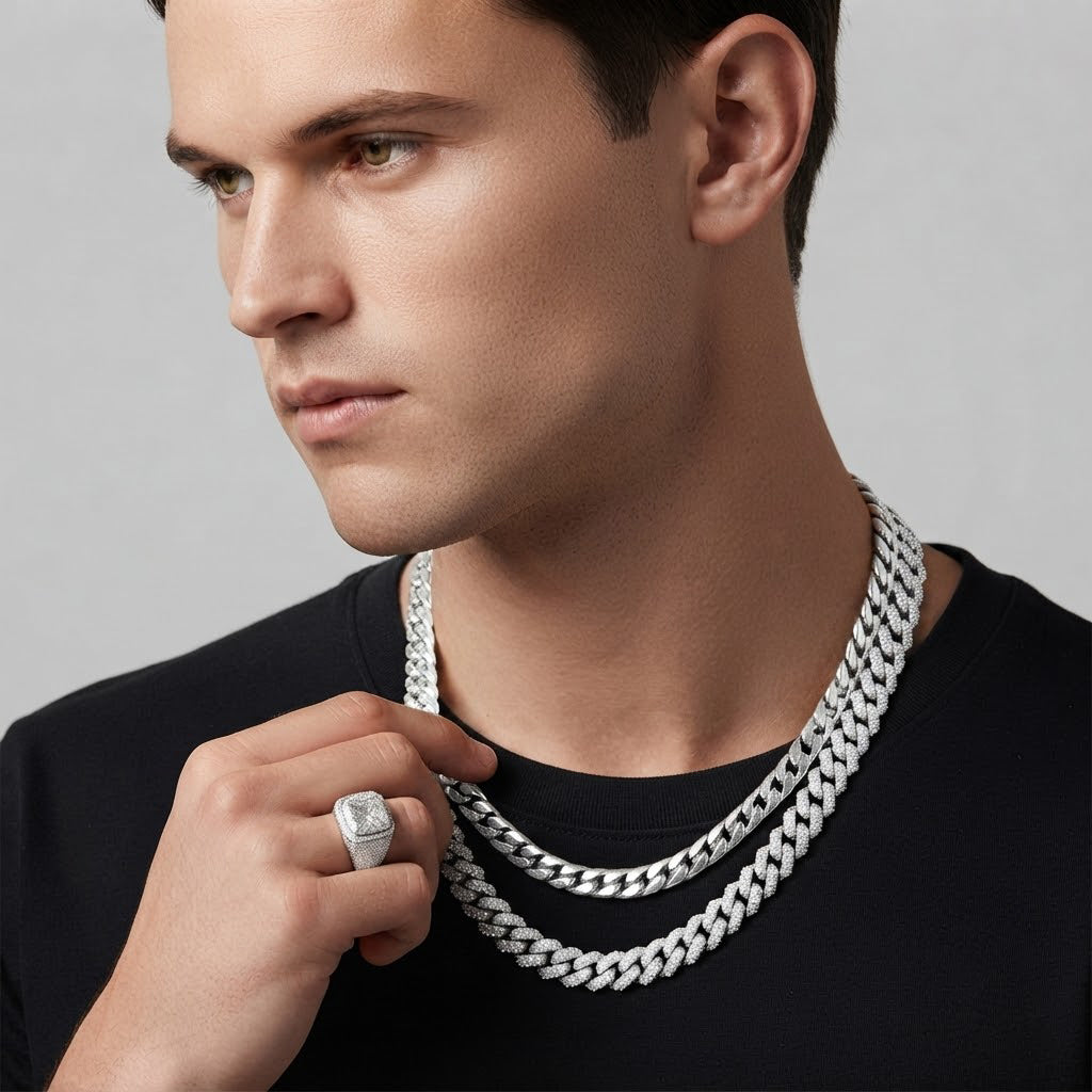 15mm Moissanite Diamond Plain Cuban Link Chain with Diamond Lock