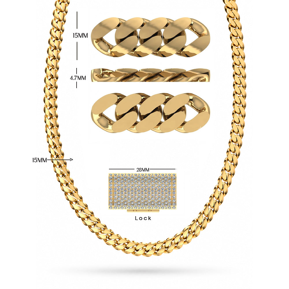 15mm Moissanite Diamond Plain Cuban Link Chain with Diamond Lock
